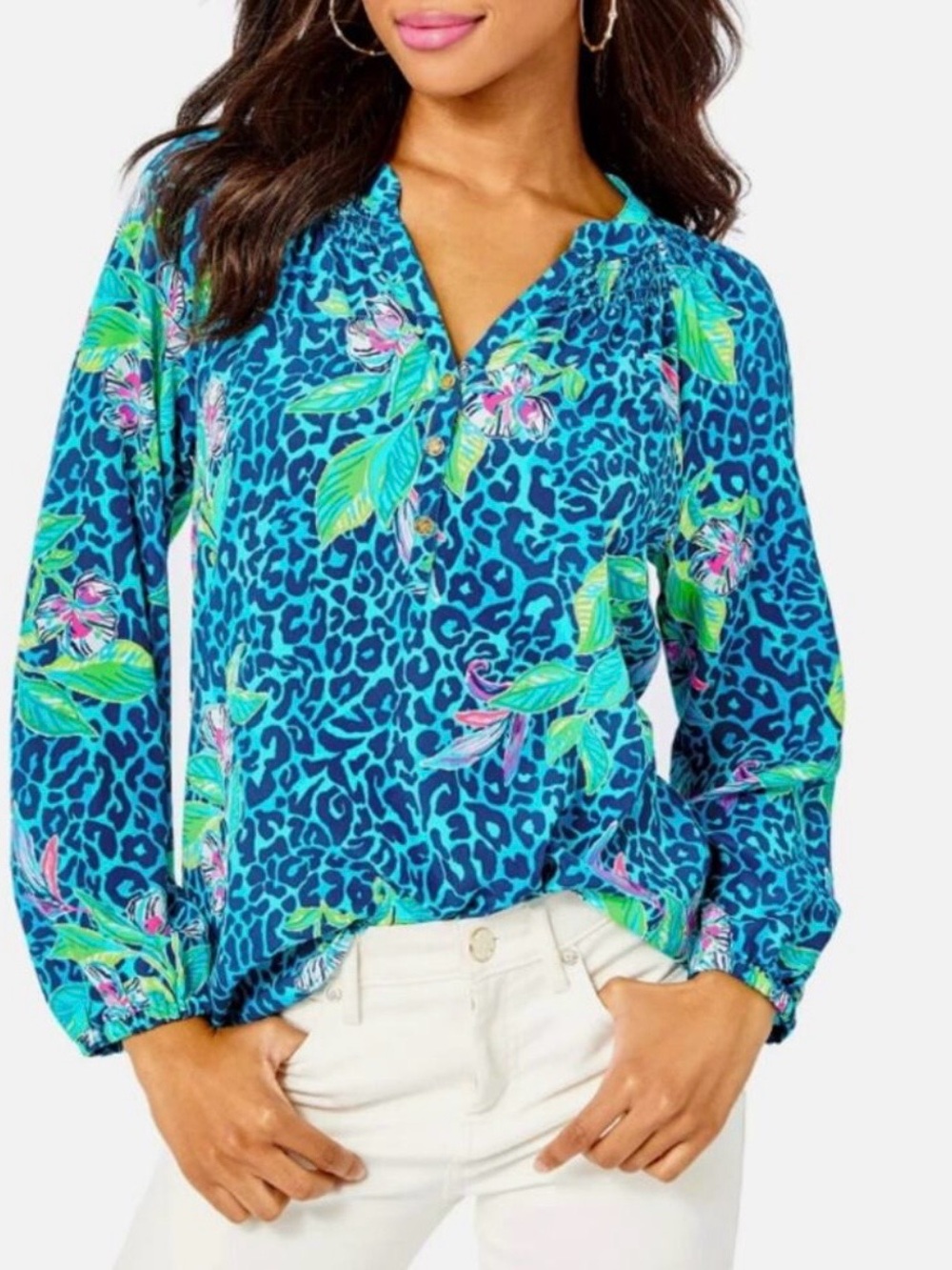 Lilly Pulitzer Elsa Silk Top Small Hot on the Spot Turquoise - floral leopard